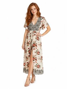Angie Boho Floral Maxi Romper Dress Split Front Smocked Back Flutter Sleeve XS S